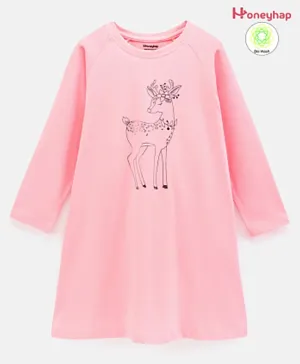 Honeyhap Premium 100% Cotton Full Sleeves Nighty with Bio Finish Deer Print - Gossamer Pink
