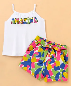 Ollington St. 100% Cotton Knit Sleeveless Top with Short Set Amazing Print - White Blue & Green