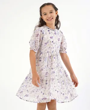 Primo Gino Woven Half Sleeves Floral Print Party Dress -Purple & White