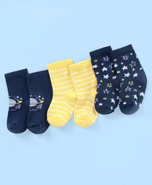 Cute Walk by Babyhug Non Terry Cotton Knit Ankle Length Anti Bacterial Socks Star Design Pack of 3 - Blue & Yellow