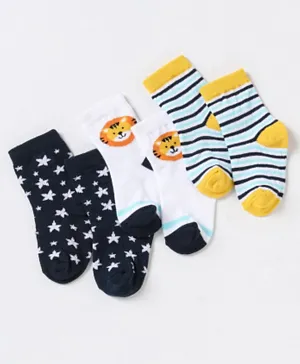 Cute Walk By Babyhug Non Terry Cotton Knit Ankle Length Anti Bacterial Socks Stripes & Stars Design Pack of 3 - Blue White & Yellow