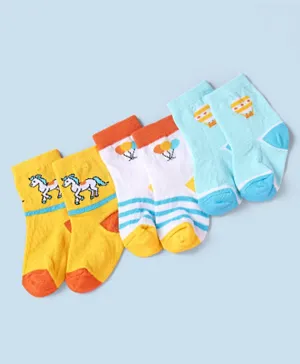 Cute Walk by Babyhug Non Terry Cotton Knit Ankle Length Anti Bacterial Socks Horse Design Pack of 3 - Yellow & Blue