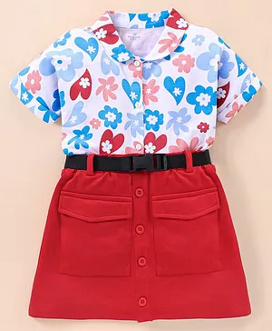 Ollington St. 100% Cotton Knit Half Sleeves Floral Print Shirt and Skirt Set with Belt - White & Red