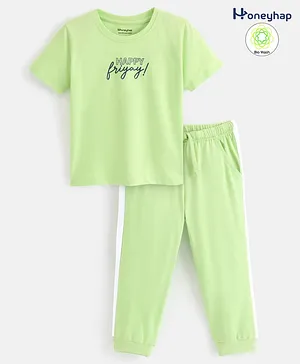 Honeyhap Premium Cotton Rich Bio Finished Half Sleeves Text Print Night Suit - Shadow Lime