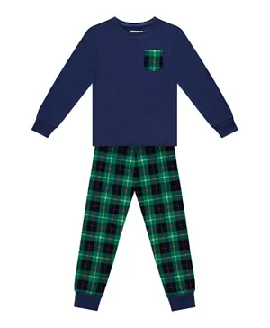 GreenTreat Organic Cotton Checked Sweatshirt & Pyjamas - Green & Navy Blue