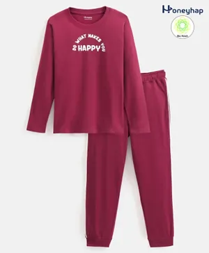 Honeyhap Premium 100% Cotton Full Sleeves Text Printed Bio Washed Night Suit - Maroon