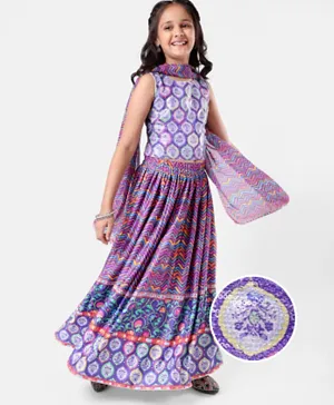 Earthy Touch 100% Cotton Knit Sleeveless Choli With Lehenga & Dupatta Floral Print- Purple