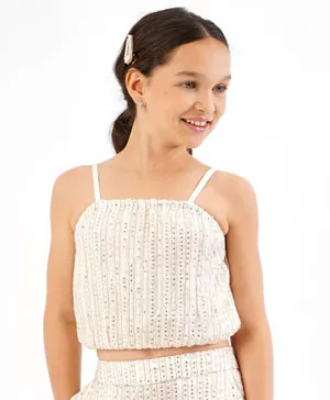 Primo Gino Viscose Sleeveless Sequin Embroidered Strappy Top- Off White