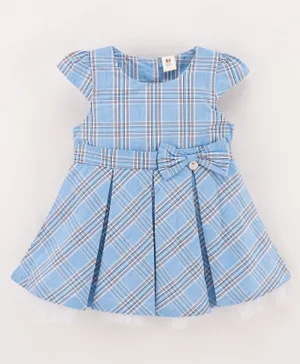 ToffyHouse Half Sleeves Checks Frock with Bow Applique - Blue