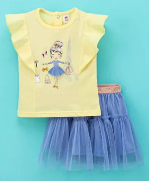 ToffyHouse Short Sleeves Doll Printed Top & Solid Colour Tiered Skirt - Yellow & Blue