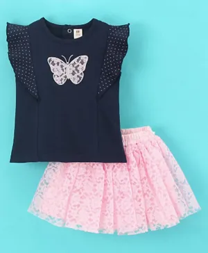 ToffyHouse Short Sleeves Butterfly Embroidery Top &  Lace Detailing Skirt - Navy Blue & Pink