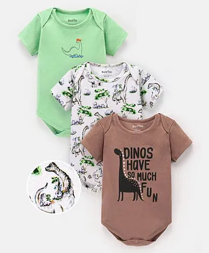 Bonfino 100% Cotton Half sleeves Dino Print Onesies Pack of 3 - Green White & Brown