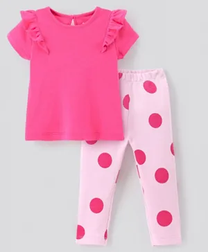 Bonfino 100% Cotton Knit Half Sleeves Top & Full Length Leggings Set Polka Dots Print - Fuchsia Pink