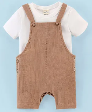 Bonfino 100% Cotton Half Sleeves Tee With Dungaree Set Solid- Brown & White
