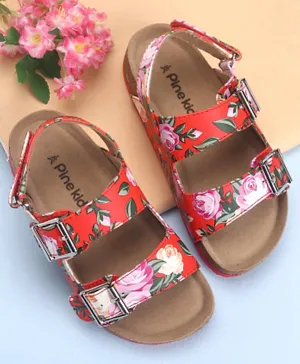 Pine Kids Casual Wear Sandals with Velcro Belt Closure Floral Print - Red
