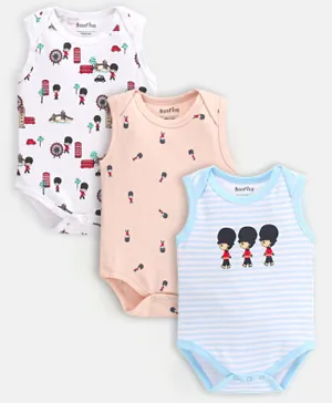 Bonfino 100% Cotton  Sleeveless Onesies Beefeaters Print pack of 3 - Ivory Peach & Blue