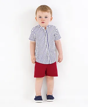 Bonfino 100% Cotton Half Sleeve Shirt And Shorts Set Stripes Print - White & Maroon