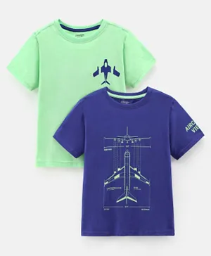Primo Gino 100% Cotton Half Sleeves T-Shirt With Plane Print Pack Of 2 - Green & Blue