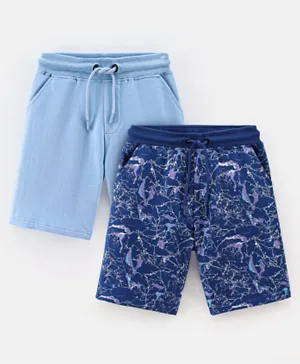 Primo Gino 100% Cotton Knit AOP & Solid Knee Length Shorts Pack Of 2 - Navy & Light Blue