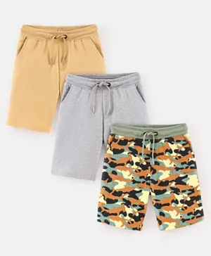 Primo Gino Cotton Knit Above Knee Length Short Solid & Camo Print Pack of 3 - Brown Grey & Green
