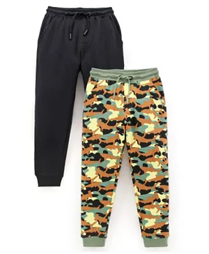 Primo Gino 100% Cotton Knit Full Length Solid & Camo Print Lounge Pants Pack of 2 - Black & Green