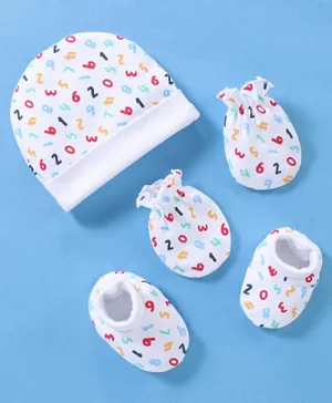 Babyhug 100% Cotton Cap Mittens And Booties Numeric Print - White
