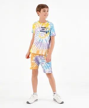 Ollington St. Cotton Half Sleeves T-Shirt & Shorts Set Tie & Dye Print- Orange & Purple