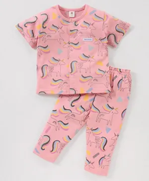 ToffyHouse Half Sleeves Night Suit Unicorn Print - Pink