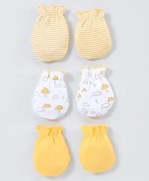 Babyhug 100% Cotton Mittens Stripes & Cloud Print Pack of 3 - Yellow & White