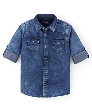 قميص دينم مغسول بأكمام طويلة من نسيج قطني 100% للأطفال مع جيب بغطاء مزدوج - أزرق