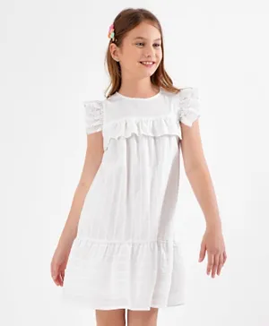Primo Gino 100% Cotton Schiffli Frill Sleeves Solid Frock- White