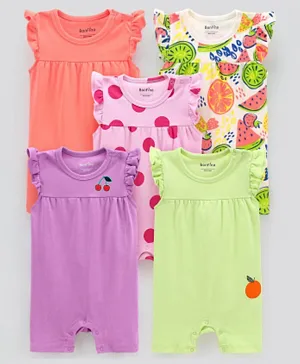 Bonfino 100% Cotton Knit Frill Sleeves Rompers Fruits & Polka Dots Print Pack of 5 - Multicolour