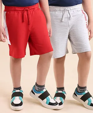 Honeyhap Premium 100% Cotton Looper Knit Above Knee Length Bermuda with Bio Finish Text Print Pack of 2 - Ecru Melange & Flame Scarlet