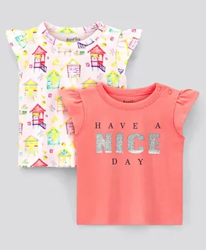 Bonfino 100% Cotton Interlock Fabric Half Sleeves Text & House Printed T-Shirt Pack Of 2 - Pink & Red