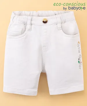 Babyoye Eco Conscious Cotton Knee Length Shorts with Text Embroidery - Marshmallow White