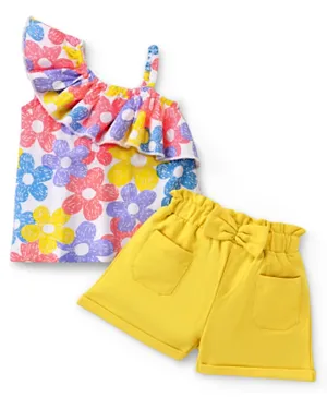 Ollington St. 100% Cotton Knit Sleeveless Flower Print Top with Paper Bag Waist Shorts Set- White Pink & Yellow