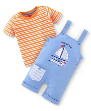 Babyhug Cotton Dungaree With Half Sleeves Tee Text Embroidered & Boat Print - Blue & Orange