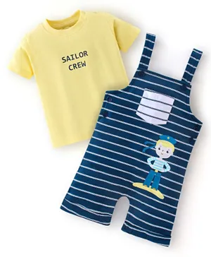 Babyhug 100% Cotton Knit Half Sleeves T-Shirt & Dungaree Set Striped - Yellow & Blue