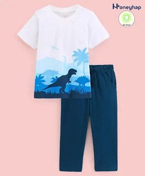 Honeyhap Premium 100% Cotton Half Sleeves T-Shirt & Pyjama Set with Bio Finish Dino Print - White & Blue