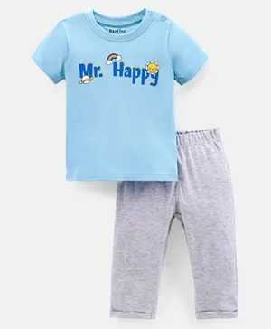 Bonfino 100% Cotton Half Sleeves Mr Happy Printed T-Shirts & Bottoms Set - Light Blue & Grey