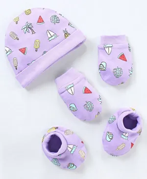 Babyhug 100% Cotton Cap Mittens & Booties Watermelon & Popsicle Print- Purple