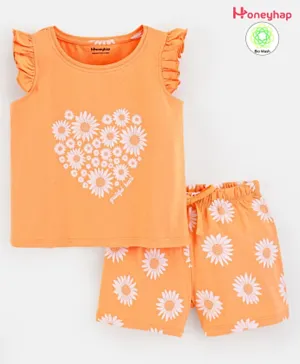 Honeyhap Premium 100% Cotton Floral Printed Sleeveless Shorts Sets with Bio Finish - Buff Orange