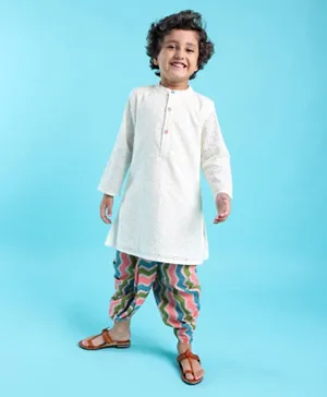 Babyhug 100% Cotton Woven Full Sleeves Schiffli Embroidered Kurta and Chevron Printed Dhoti Set - White