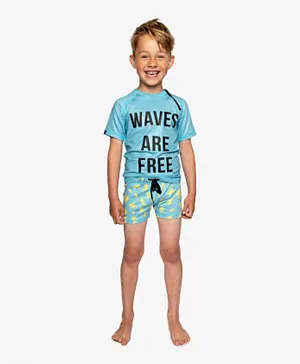 Beach & Bandits Waves Are Free Printed Swim Tee XS - Blue