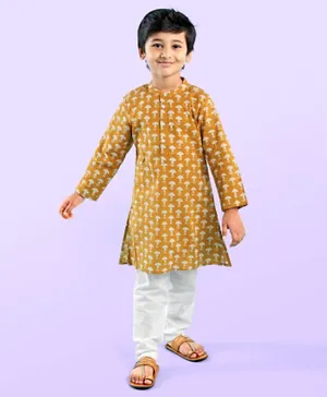 Babyhug 100% Cotton Woven Full Sleeves Kurta with Pyjama Set Floral Print - Mustard