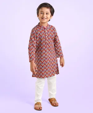 Babyhug 100% Cotton  Full Sleeves Dobby Printed Kurta With Payjama Set - Rust