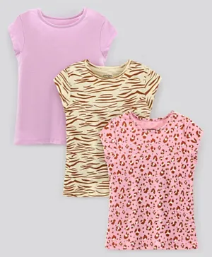 Primo Gino 100% Cotton Short Sleeves T-Shirts Leopard Print Pack of 3 - Pink Beige & Brown