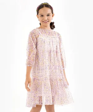 Primo Gino Full Sleeves Allover Floral Printed Pleated Party Dress With Inner - Pink