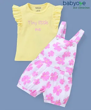 Babyoye Eco-Conscious 100% Cotton Eco Jiva Sleeveless Floral Printed Dungaree with Tee Set - Yellow & Pink