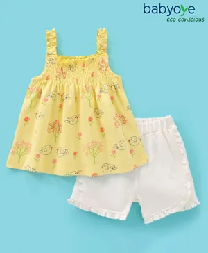 Babyoye Eco Conscious 100% Cotton Eco Jiva Singlet Sleeve Top & Shorts Set Bird Print - Yellow & White